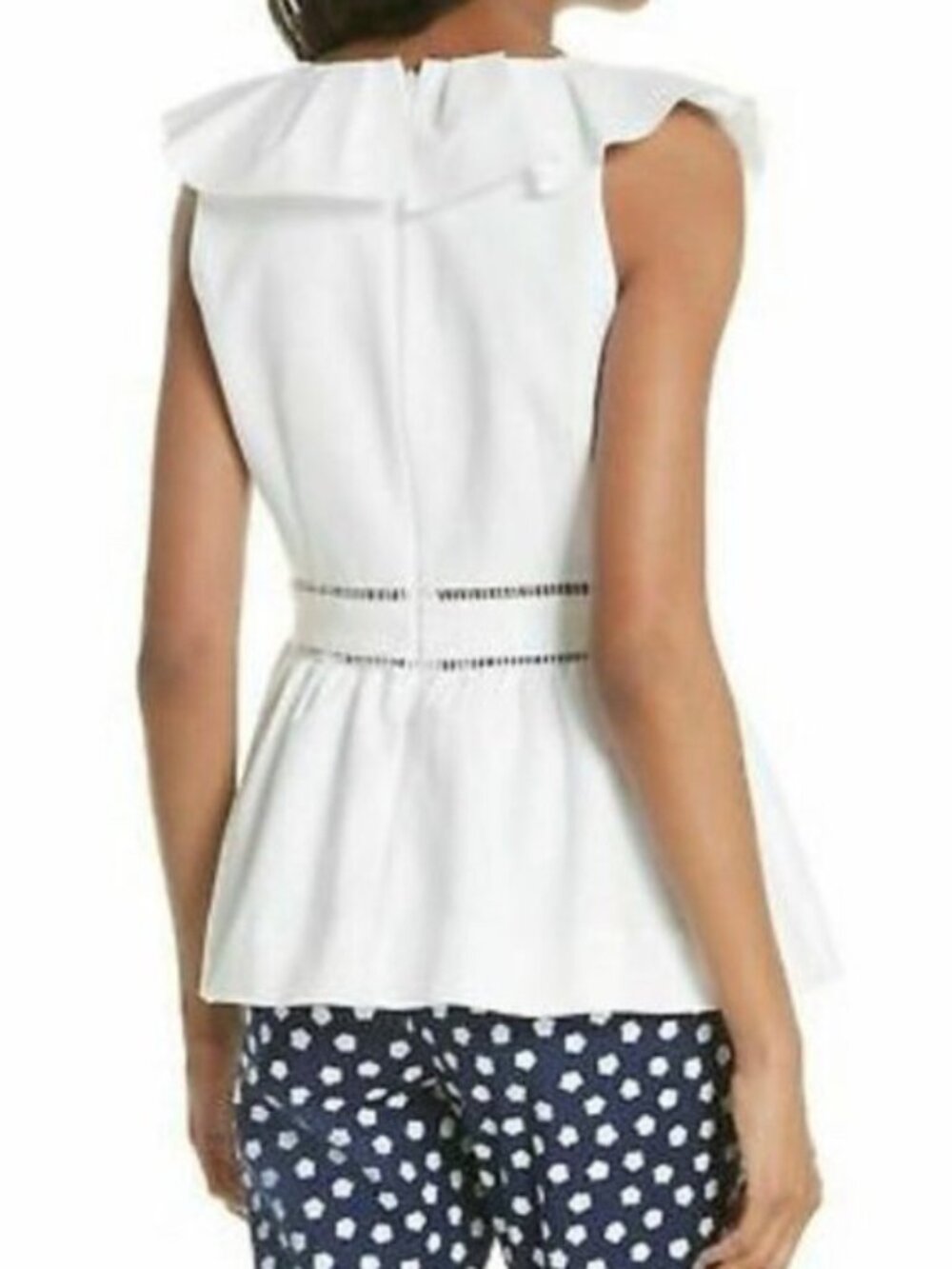 Kate Spade White Ruffle V-Neck Peplum Top Ladder Lace Trim Size 6 - Picture 3 of 8